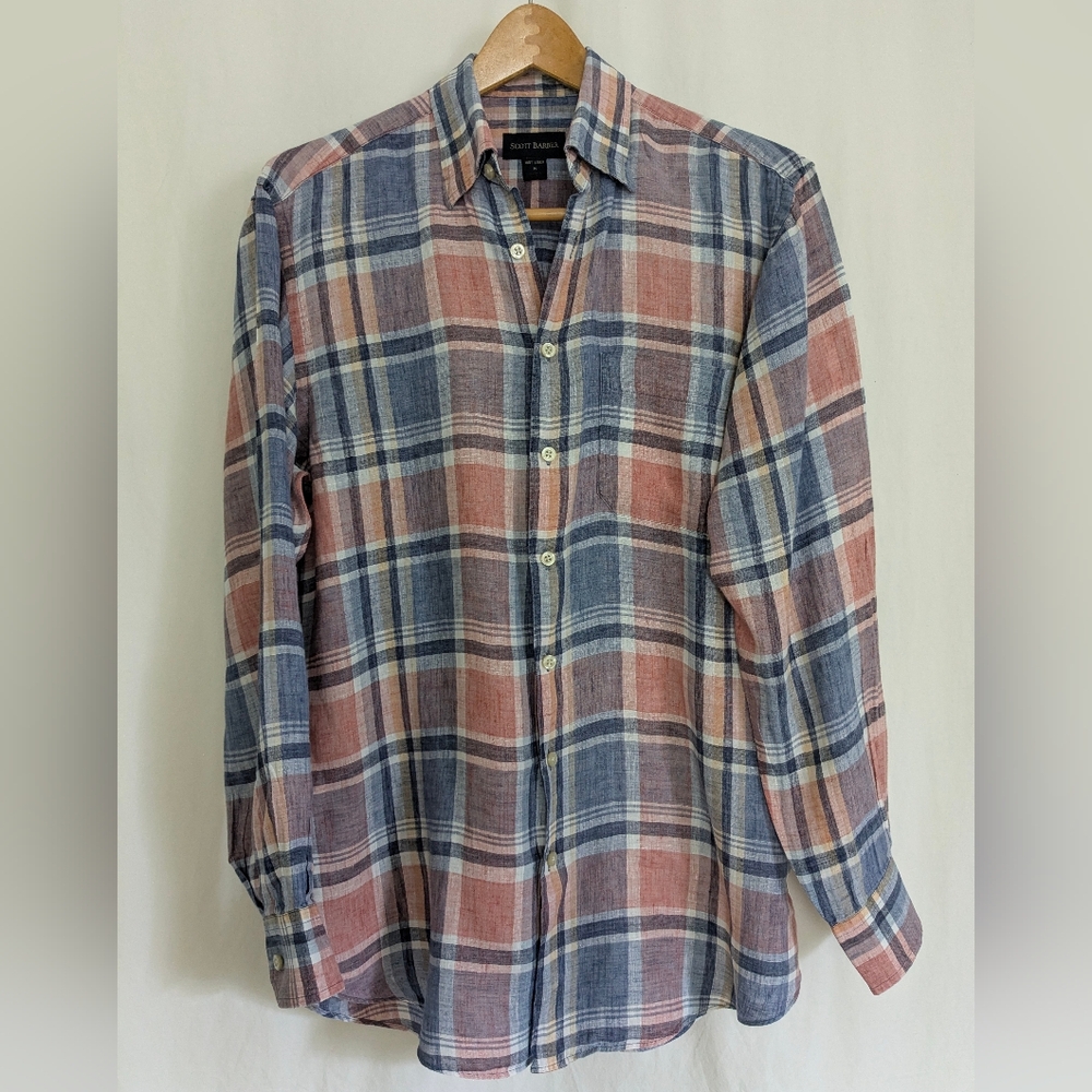 Scott Barber Mens Plaid 100% Linen Long Sleeve Button Up Large